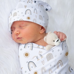 Rainbow swaddle set, Boho rainbow swaddle and hat, Earth tones swaddle, Boho Rainbow baby boy swaddle, Hospital Baby Blanket, Newborn wrap