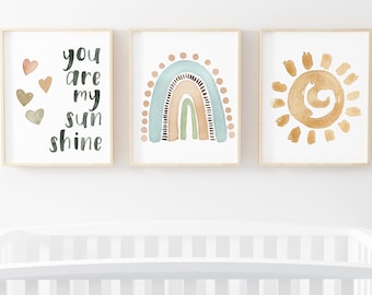 You are my sunshine nursery art, Set of 3 PRINTABLE art, Rainbow kids room wall decor, Gender Neutral nursery wall art - DIGITAL DOWNLOAD