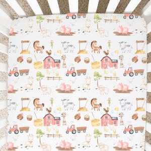 Farm Crib Bedding Boy, Barnyard Nursery Bedding, Farm Crib Sheet, Red Barn Cow Pig Tractor Horse, Baby Shower Gift, Farm Baby Gift - Swf