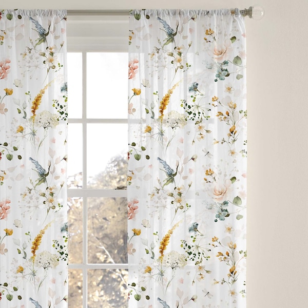 Wild Flower Sheer Curtain, Boho Floral Nursery Decor, Floral Curtains, Baby Room Curtains, Wildflower nursery Curtain single panel - ViG