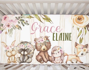 Woodland Girl Crib Bedding, Personalized Crib Sheet Girl, Floral Forest Animals Nursery Bedding Girl - FoF