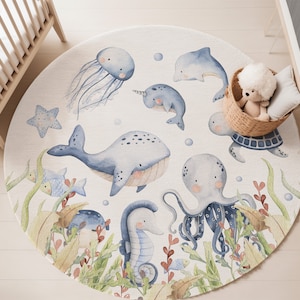 Under the sea Nursery Rug, Ocean Nursery Decor, Sea Animals round rug, Kids play room rug, Area rug for boys room, underwater round rug  LiO