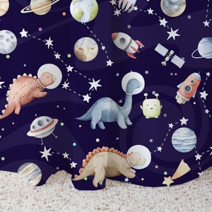Dinosaur Space Curtain Single Panel, Space Nursery Decor, Galaxy curtain, Planets boy room decor, Outer space Nursery, Solar System curtain