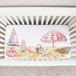 Pink Beach Crib Sheet, Beach Crib Bedding, Surfboard Crib Sheet, Beach Themed Nursery, Coastal Nursery Decor, Beach Baby Bedding - 40A