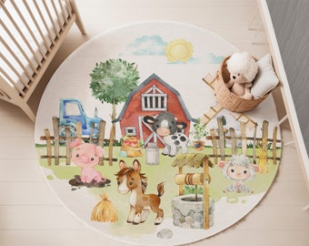 Farm animals round rug, Barnyard nursery decor, Farm nursery rug, Kids play room rug, Area rug for kids, Cow horse pig rug, Farm baby room