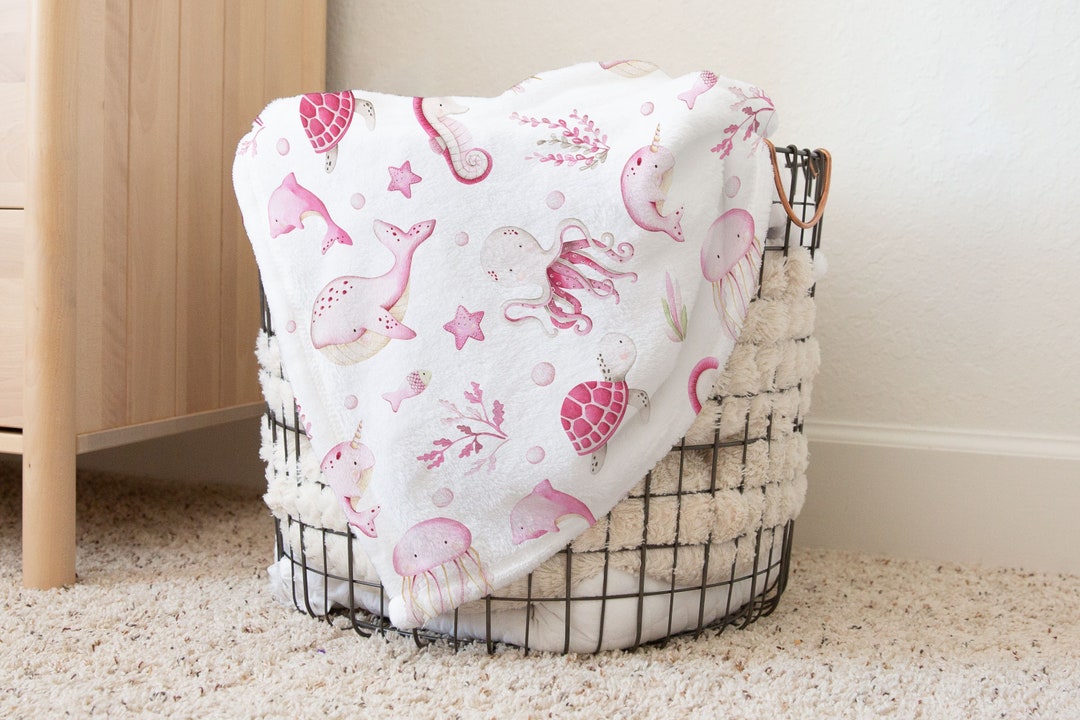 Pink Under the Sea Blanket, Girl Ocean Animals Blanket, Girl Under the Sea Crib Bedding, Sea