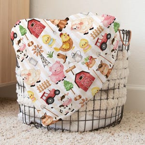 Farm Animals Blanket, Farm Theme Nursery, Red Barn Blanket, Farm Crib Bedding, Tractor Cow Horse Pig Blanket, Farm Nursery bedding - MoF