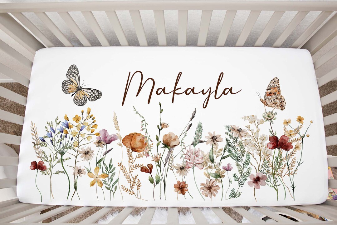 Personalized Wildflowers Crib Sheet, Wildflowers Nursery Bedding, Boho
