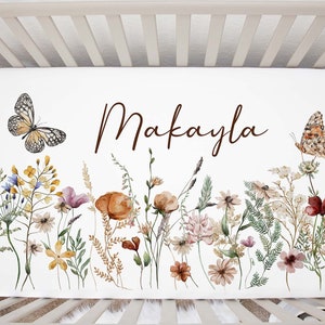 Personalized Wildflowers Crib Sheet, Wildflowers Nursery Bedding, Boho Floral Crib Bedding, Vintage Floral Crib, Butterfly Crib Sheet - Bug