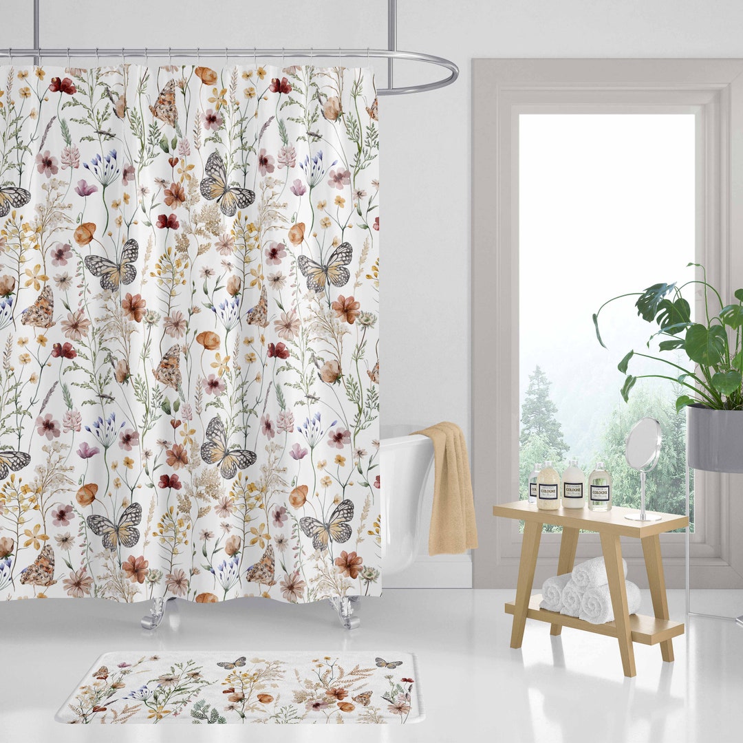 Wildflower Shower Curtain, Monarch Butterfly Shower Curtain, Floral