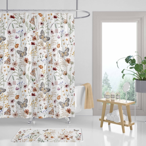 Wildflower shower curtain, Monarch Butterfly shower curtain, Floral bathroom decor, Boho floral shower curtain, Vintage shower curtain - BuG