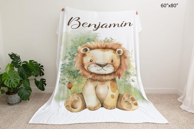 Personalized Lion Baby Blanket, Safari Nursery Bedding, Custom Baby