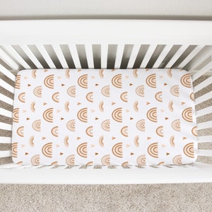 Earthy Rainbow Crib Sheet, Neutral Rainbow Nursery Bedding, Neutral Crib Bedding, Hearts Boho ...