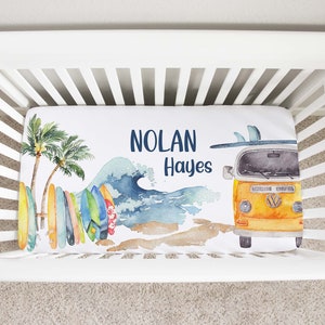 Personalized Surf Crib Sheet, Surfer Nursery Bedding, Surfboard Crib Sheet, Coastal Nursery, Waves Crib Sheet, Hawaii Nursery - Endless Sea