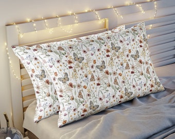 Wildflower pillow sham, Floral girls bedding, toddler or standard pillowcase, Monarch Butterfly pillow, Boho Wildflower girl bedroom - BUG