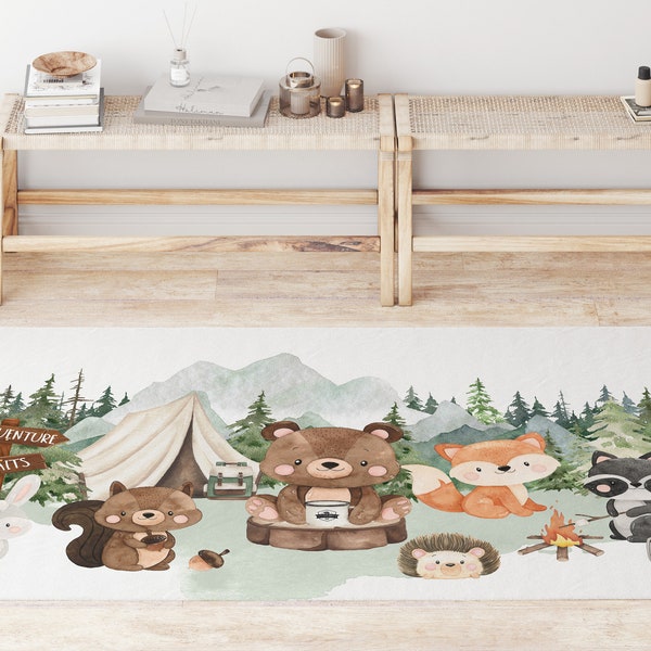 Woodland rug, Anti-Slip backing, Woodland nursery rug, Forest nursery decor, Area rug for kids room, Camping rug, Camping Critters