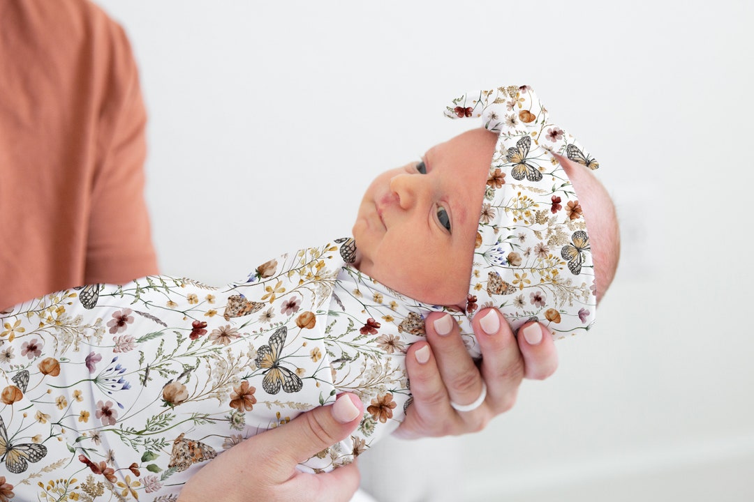 Boho Floral Swaddle Set, Wildflower Blanket and Headband, Butterfly