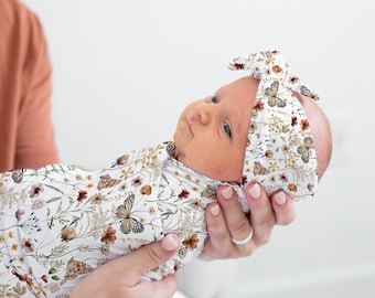 Boho floral swaddle set, Wildflower blanket and headband, Butterfly swaddle, Floral baby girl swaddle Hospital Baby Blanket Newborn wrap BuG