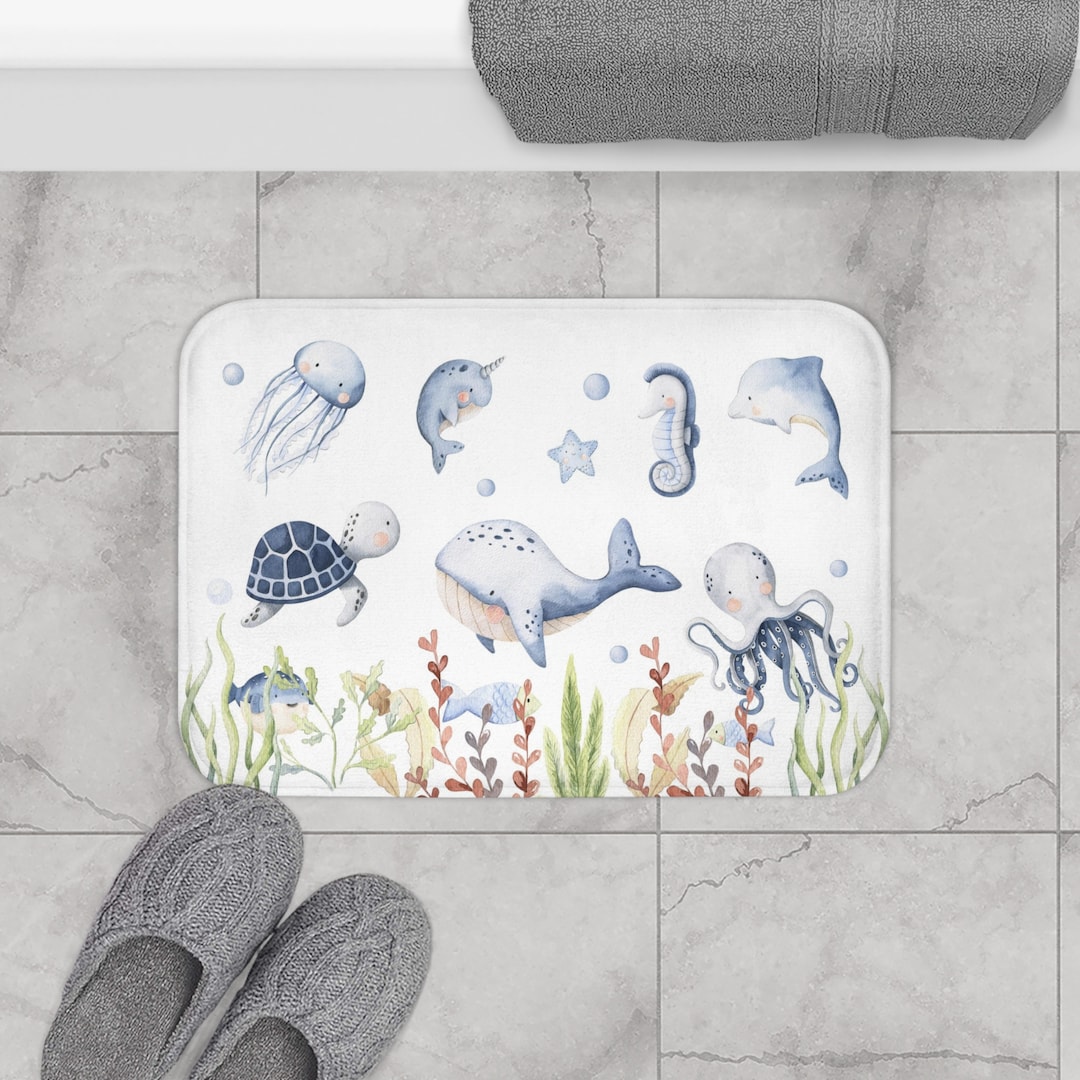 Ocean Animals Bathroom Decor, Under the Sea Bath Mat Anti Slip Backing