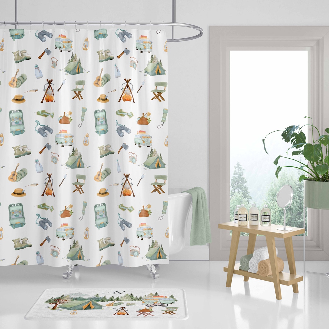 Camping Shower Curtain, Explorer Bathroom Decor, Adventure Shower