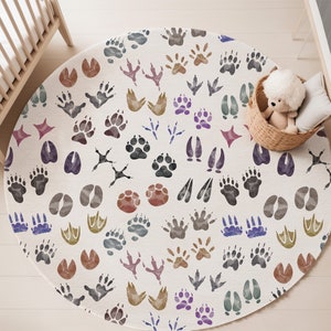Watercolor Animal Tracks Rug, Woodland Nursery Decor, Woodland Rug, Forest Rug, Kids Play Room, Area Rug For Girl Room, Rustic Nursery - Pif