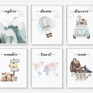 Travel theme nursery decor, Kids room wall art set, Explorer nursery prints  colorful – Flip The Script Studios