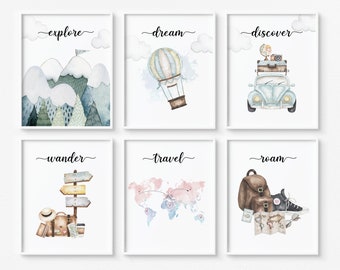 Travel nursery print, Explore nursery wall art, Boys room decor, Baby boy nursery prints, Adventure Set of 6 prints - DIGITAL DOWNLOAD