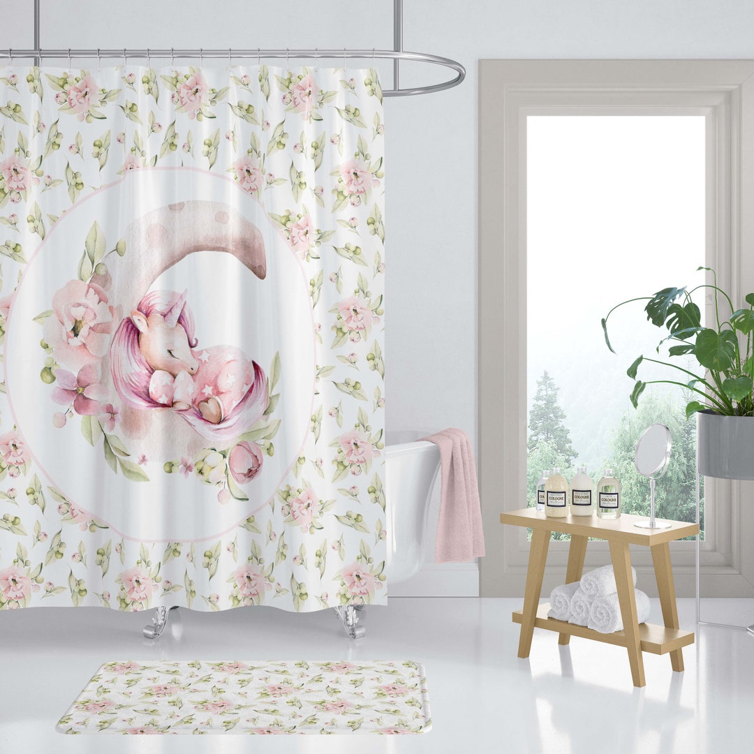 Unicorn Shower Curtain, Pink Floral Shower Curtain, Unicorn Bathroom Decor, Girls Shower Curtain ...
