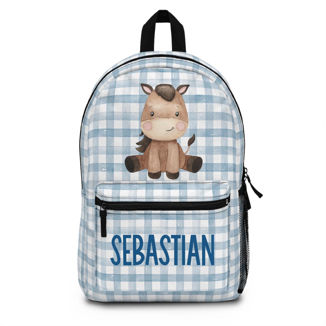 Personalized Horse Backpack, Blue Gingham Backpack, Preppy Boys ...