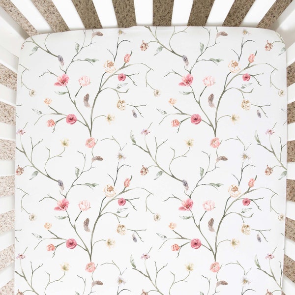 Blush Floral Crib Sheet With Name- Custom Baby Bedding With