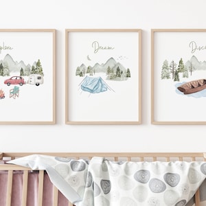 Explore nursery prints, Travel nursery art, Camping wall decor, Adventure Nursery, Baby boy printable wall art, Set of 3 - DIGITAL DOWNLOAD