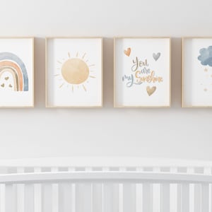 You are my sunshine nursery wall art, Rainbow baby room decor, Gender Neutral nursery prints, Set of 4 PRINTABLE wall decor DIGITAL DOWNLOAD