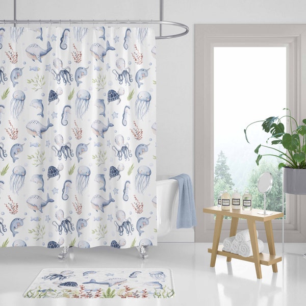 Under the sea shower curtain, sea shower curtain, Ocean shower curtain, Sea bathroom decor, Kids shower curtain, Whale shower curtain - LiO