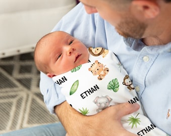Safari swaddle blanket, Personalized Baby boy swaddle and hat set, Jungle Animals Hospital Receiving blanket - SaE