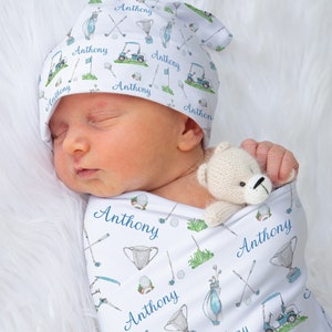 Personalized Golf swaddle set, Golf name blanket, Hospital baby blanket, Golf baby gift, Newborn baby gift, Sports swaddle - Little Golfer