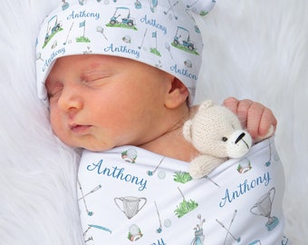 Personalized Golf swaddle set, Golf name blanket, Hospital baby blanket, Golf baby gift, Newborn baby gift, Sports swaddle - Little Golfer