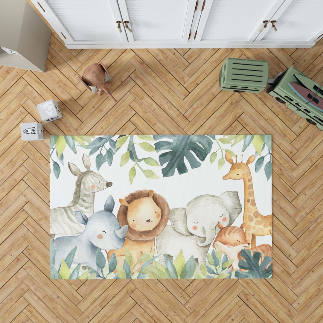 Safari Nursery Rug, Antislip Backing, Jungle Animals Nursery Rug