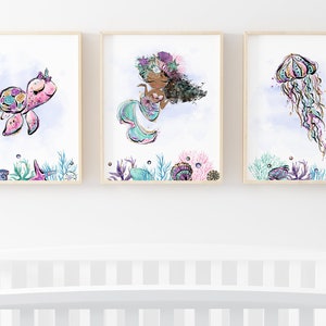 Mermaid nursery wall art, Under the Sea nursery decor girl, Baby girl room prints, Set of 3 PRINTABLE art - DIGITAL DOWNLOAD - MeW