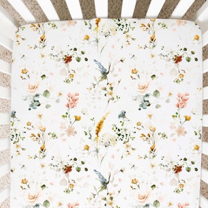 Wild Flower Nursery Bedding, Boho Floral Crib Bedding, Wildflower Mini Crib Sheet, Mustard Wild Flower Crib Bedding, Girl Crib Bedding - ViG