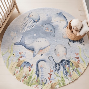 Under the sea Nursery Rug, Ocean Nursery Decor, Sea Animals round rug, Kids play room rug, Area rug for boys room, underwater round rug LiO