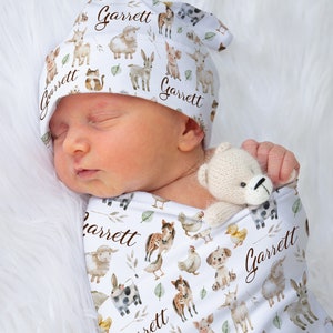 Personalized Farm swaddle set, Gender neutral Farm name blanket, Hospital baby blanket, Farm baby gift, Newborn baby gift, Farm animals  11E