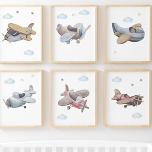 Airplane nursery wall art, Aviation nursery prints, Boys room decor, Baby boy nursery prints, Airplane Print Set of 6, Aviator wall art  LiA
