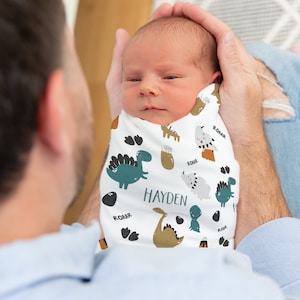 Personalized Baby boy swaddle and hat set, Dinosaur swaddle blanket, Dinosaur baby gift, Hospital Receiving blanket