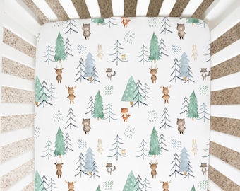 Woodland crib sheet, Pine Trees crib bedding, Woodland nursery bedding, Forest crib sheet, Newborn Gift, Neutral crib sheet -Scandi Woodland