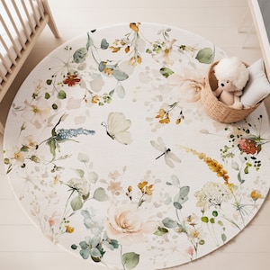 Wildflowers Rug, Floral nursery rug, Wildflowers round rug, Floral Nursery decor, Girls play room rug, Area rug for girls room, Boho rug ViG