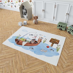 Fishing nursery rug, Fishing nursery decor, Kids play room rug, Area rug for boys room, Gone fishing rug Area rug for boys room- LiF