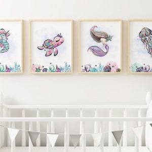 Mermaid wall art nursery, Under the Sea girls room decor, Baby girl nursery prints, Mermaid nursery prints Set of 4 - DIGITAL DOWNLOAD - MeW