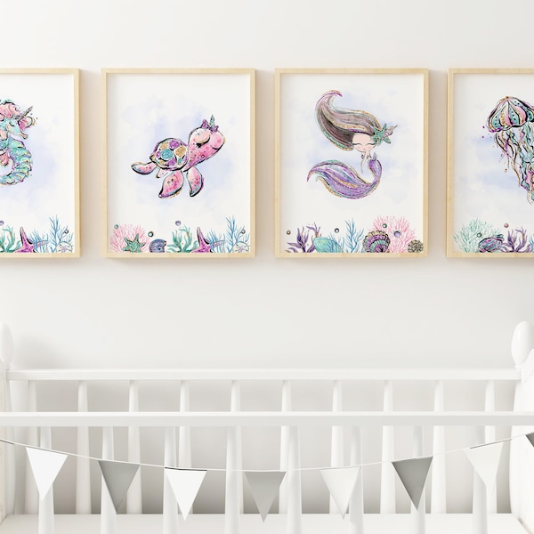 Mermaid wall art nursery, Under the Sea girls room decor, Baby girl nursery prints, Mermaid nursery prints Set of 4 - DIGITAL DOWNLOAD - MeW