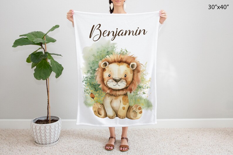 Personalized Lion Baby Blanket, Safari Nursery Bedding, Custom Baby