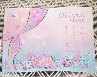 Mermaid Monthly Milestone Blanket - Pink Under The Sea Baby Growth Chart Blanket For Photos